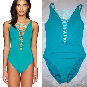 Bleu Rod Beattie turquoise lace swimsuit
